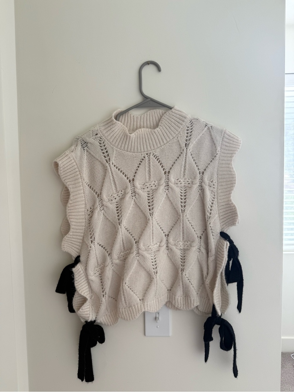 debut Cream Openwork Knit Sleeveless Sweater Vest with Black Side Ties